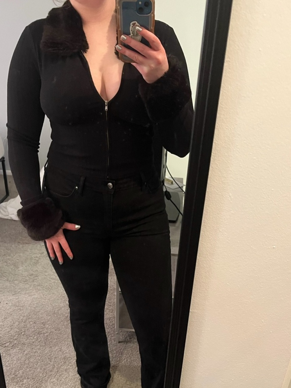 bp Black Faux Fur Trim Cropped sweater